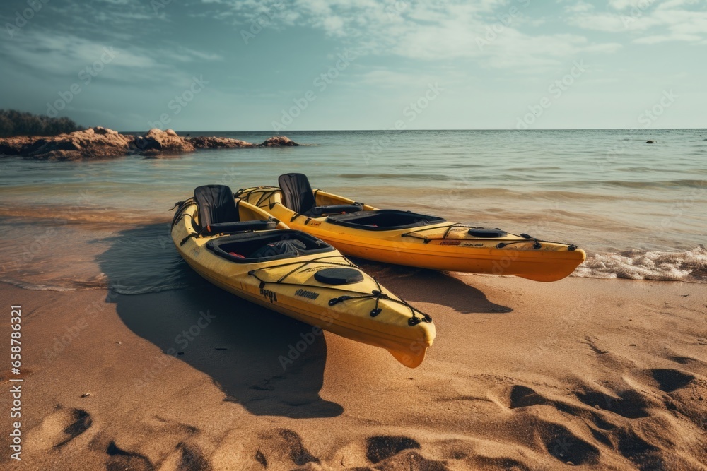 Obraz premium Two yellow kayaks resting on a sandy beach, perfect for outdoor water sports and beach activities.