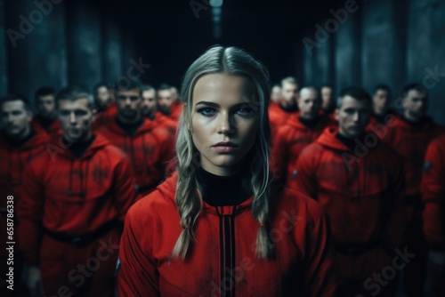A group of people dressed in red standing in a hallway. Suitable for fashion, group portraits, or event themes.