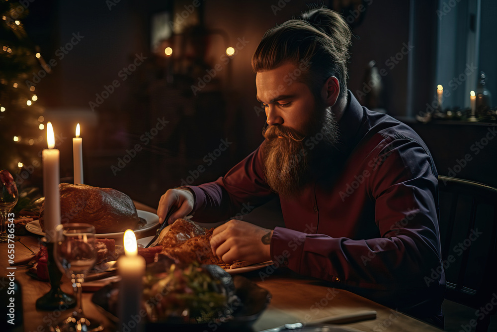 bearded man carving celebrity roast at christmas table at night bearded man carving celebrity roast at christmas table at night