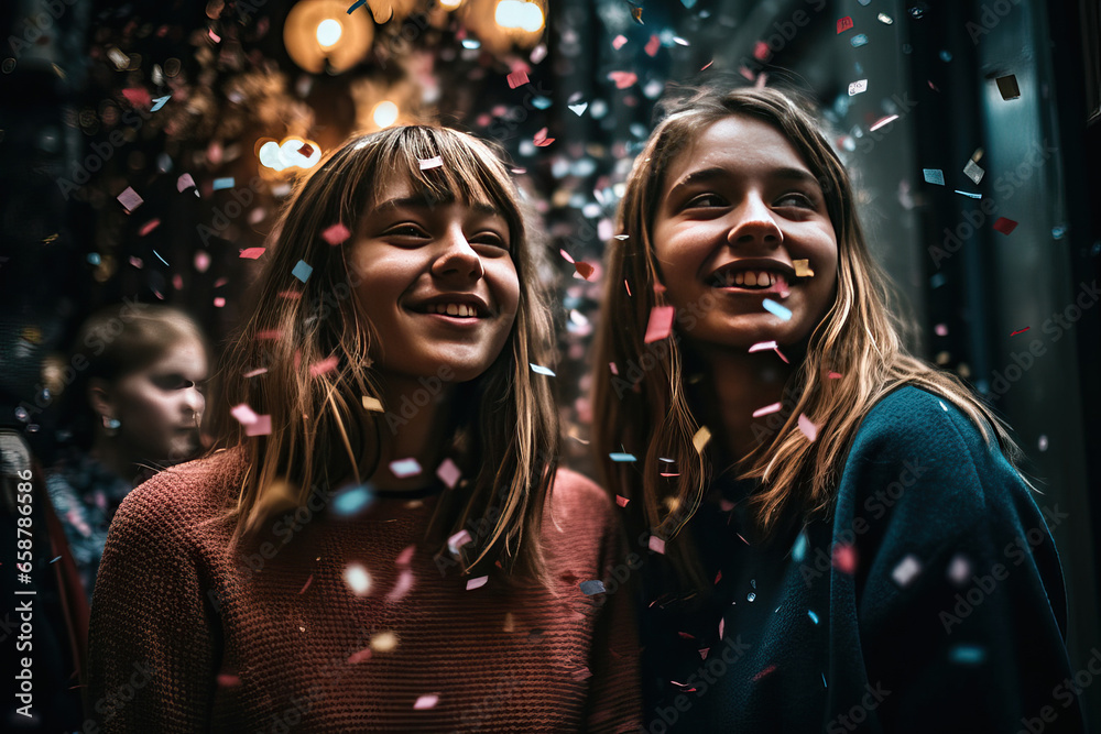 smiling teenage girls having fun while celebrating New Year's Eve and tossing confetti in the air