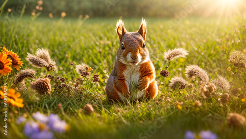 Cute cartoon squirrel in a clearing with flowers