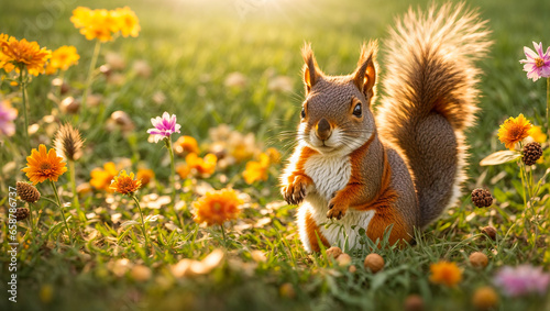 Cute cartoon squirrel in a clearing with flowers