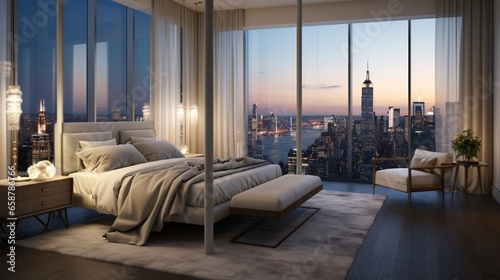 An expansive luxury bedroom with a king-sized canopy bed, opulent silk drapes, and a panoramic view of the city skyline through floor-to-ceiling windows