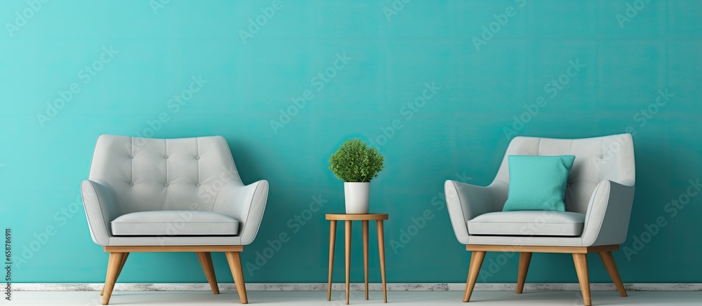 Fototapeta premium Modern armchairs and cyan wall in apartment With copyspace for text