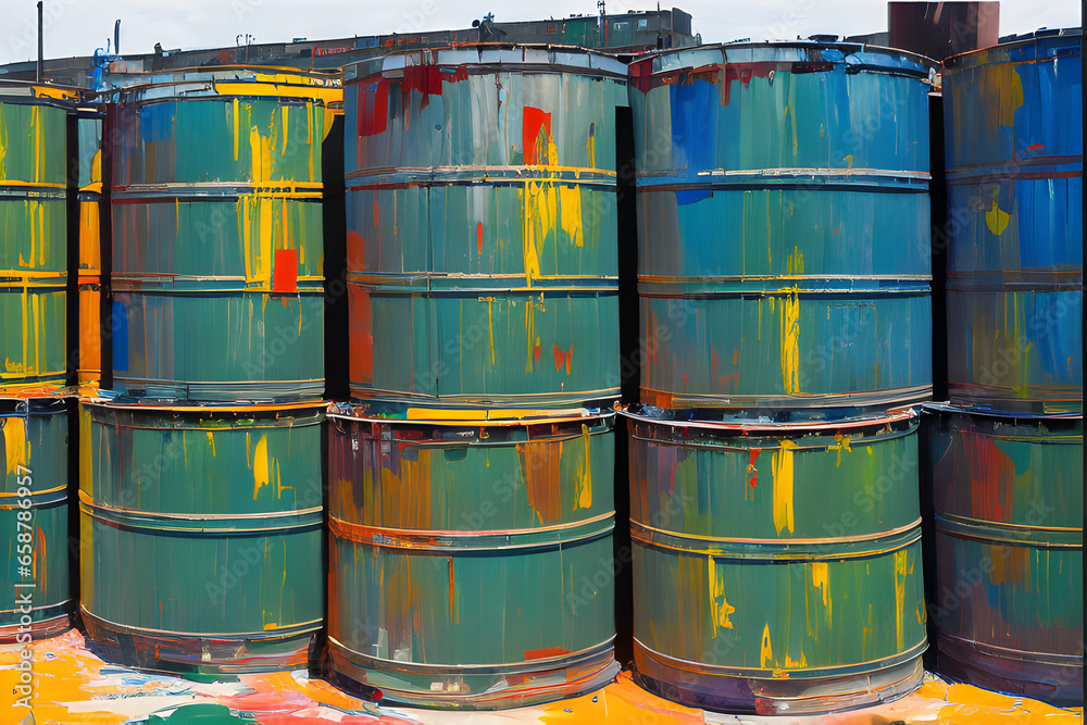 Small Stacks Of Oil Drum Barrels Ready For Use In Petrol Or Gasoline Business Energy Industrial Theme Punk Style Small Stacks Of Oil Drum Barrels Ready For Use In Petrol Or Gasoline Business Energy Industrial Theme Punk Style