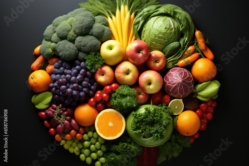 A healthy brain surrounded by colorful fruits and vegetables, representing the link between nutrition and cognitive health. Concept of brain-boosting foods. Generative Ai.