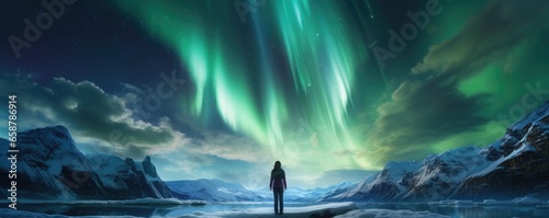 Woman looking up at the Northern Lights (aurora borealis)