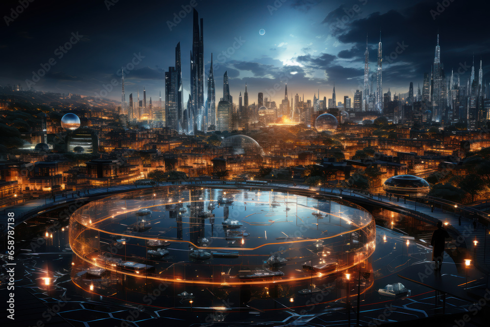 A futuristic cityscape with interconnected data networks, emphasizing the role of technology and connectivity in shaping the future of the brain. Generative Ai.