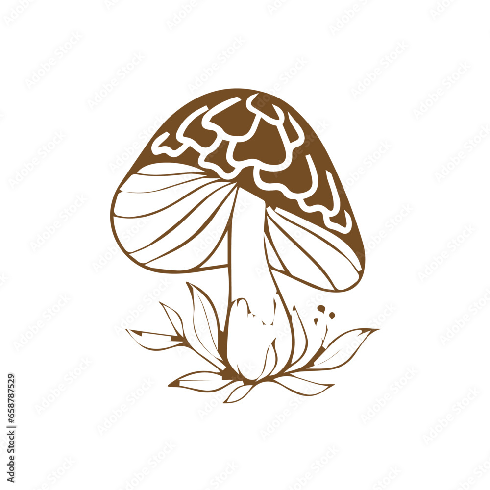 Mystical mushrooms isolated clipart, magic line celestial mushrooms, floral mystical. Black and white vector illustration.