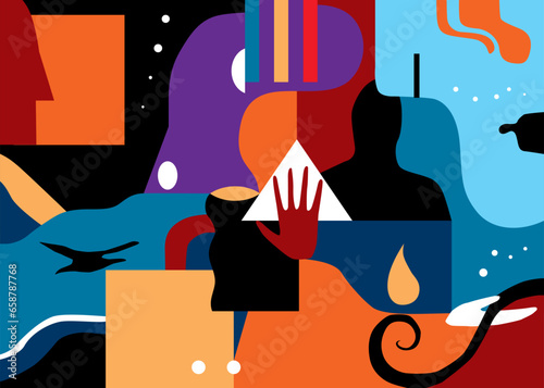 religion esoterics the mystery of life and death, the inner world of man psychology intellectual development abstract vector illustration