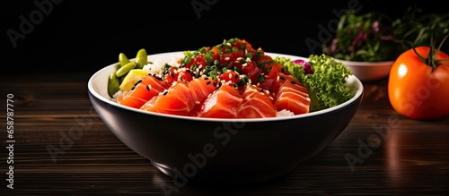 Restaurant table with side view of poke bowl With copyspace for text