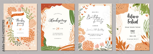 Abstract floral autumn and Thanksgiving templates. Suitable for poster, greeting and business card, invitation, flyer, banner, brochure, email header, post in social networks, events and page cover.