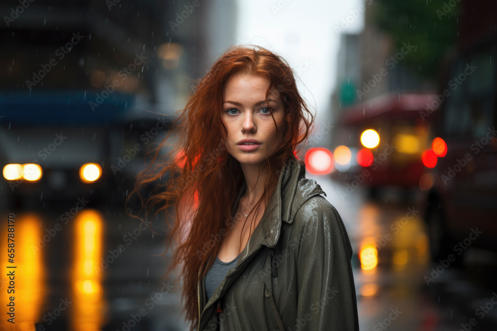 Beautiful red-haired woman standing in the street in heavy rain