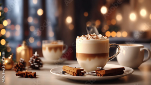 hot latte with cream and cinnamon, in the background you can see a Christmas background in bokeh