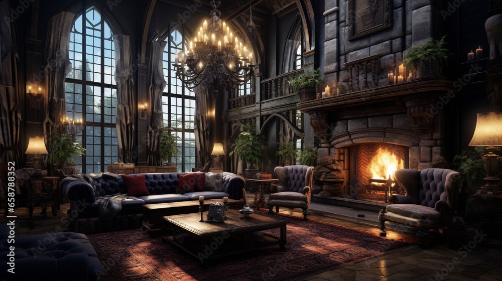 A cozy living room with a roaring fireplace, plush velvet sofas, and intricate chandeliers hanging from a high ceiling