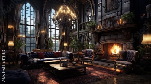 A cozy living room with a roaring fireplace, plush velvet sofas, and intricate chandeliers hanging from a high ceiling