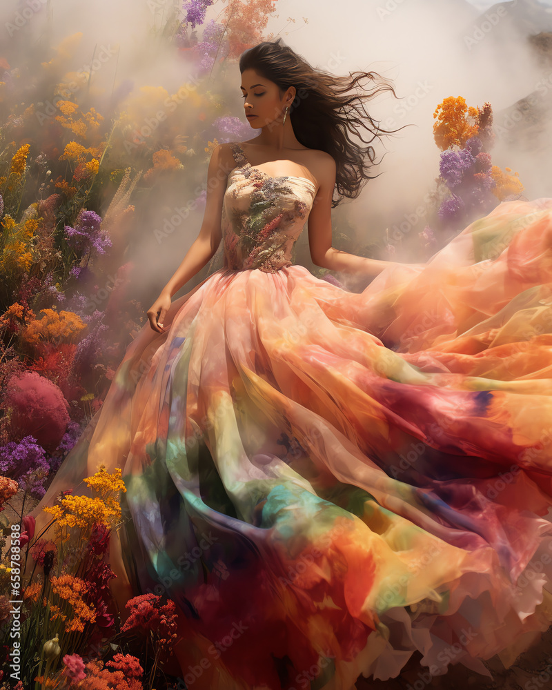 Schöne Frau in bunt en farbenfrohen Kleid