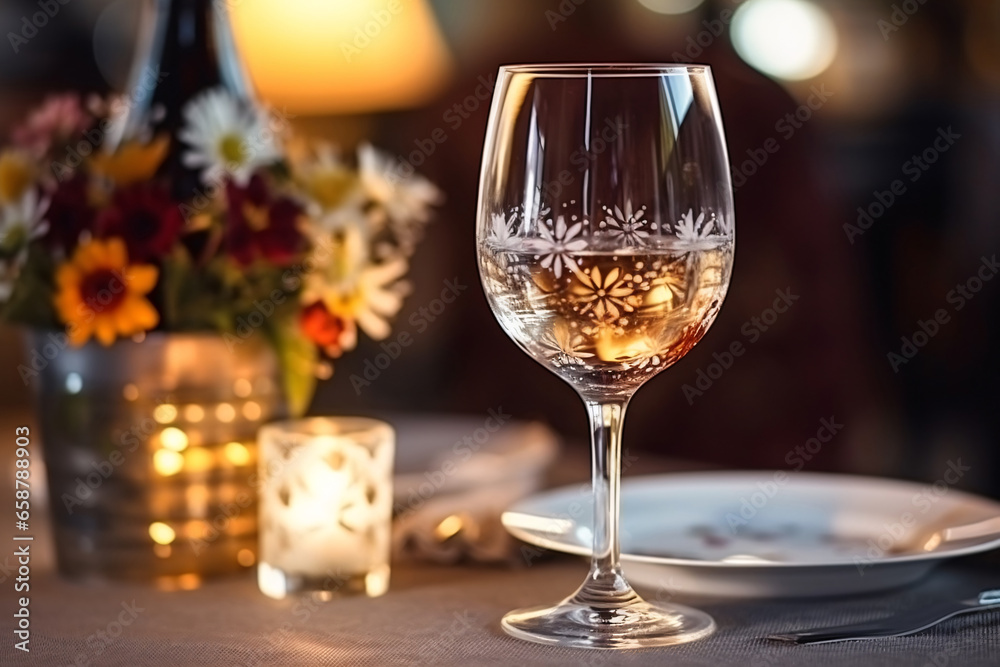 Elegant table setting with candles and flowers in restaurant. Selective focus. Romantic dinner setting with candles and flowers on table in restaurant. Elegant table setting with candles and flowers in restaurant. Selective focus. Romantic dinner setting with candles and flowers on table in restaurant.