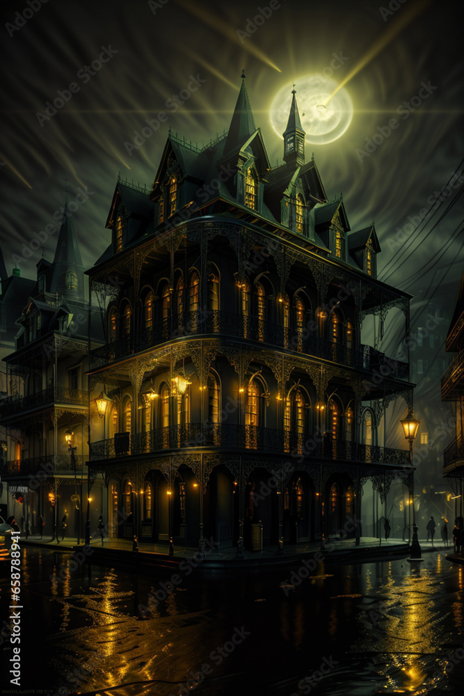 A house with pumpkins and bats
