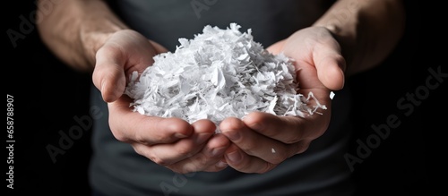 A shredded paper bunch is held by a hand With copyspace for text