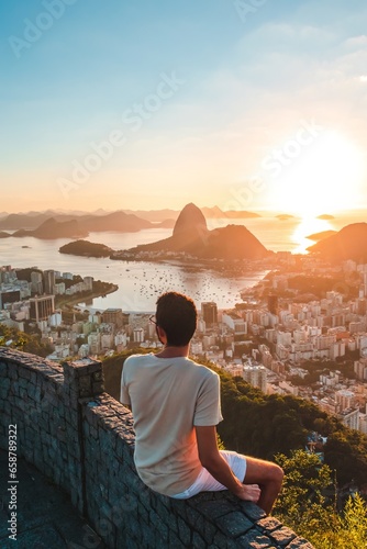 person sitting on the top of the mountain in rio de janeiro