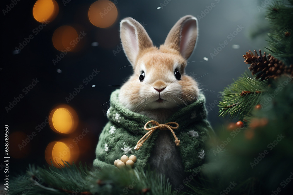 Festive bunny with green scarf on Christmas tree background Festive bunny with green scarf on Christmas tree background