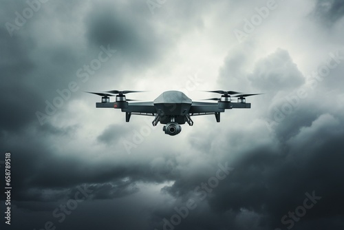 A surveillance drone hovering in a cloudy sky. Generative AI