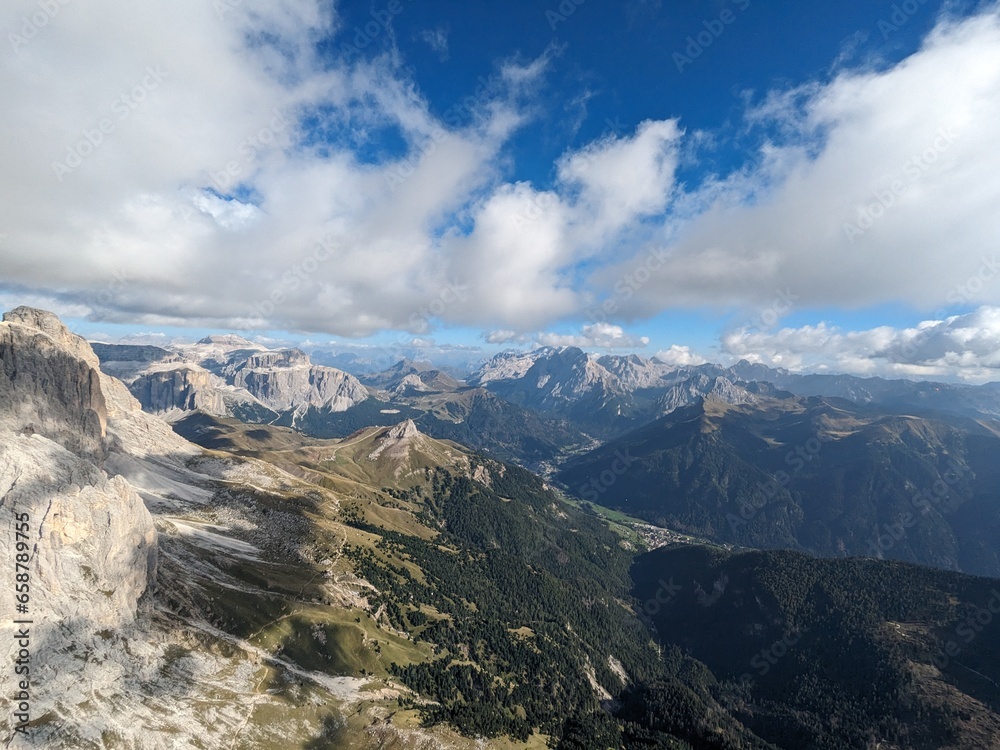 Beautiful landscape Italian dolomites aerial view-with mountain meadows,lakes and rocky and sharp mountain tops,Dolomite Alps mountains, anazei,Piz Boe ,Trentino,Alto Adige,Sudtirol, Dolomites,Italy