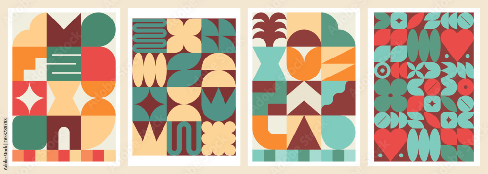 Bauhaus poster set with minimalist and colorful shapes, Mid-century modern inspired geometric patterns, Abstract flat vector illustrations