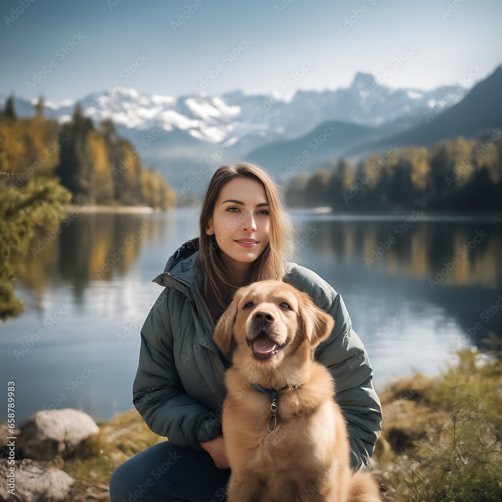 Mujer con un perro en un paisaje con lago montañas nevadas y bosques