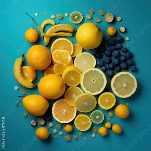 Creative layout made of yellow quince fruits on blue background. Flat lay, top view.