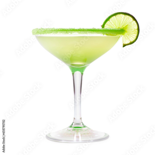 Margarita cocktail in salt-rimmed glass with lime isolated on white background