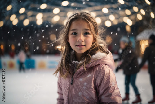 Selective focus view of pretty little girl at outdoor rink with other skaters in soft focus background 