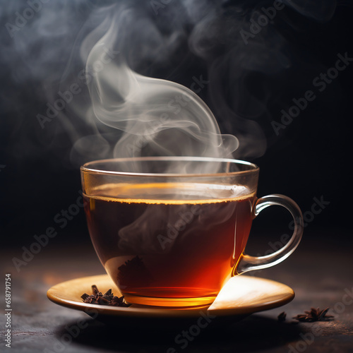 Cup of hot tea with steam on dark background. Selective focus.