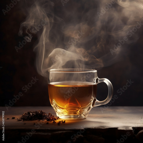 Cup of hot tea with steam on dark background. Selective focus.