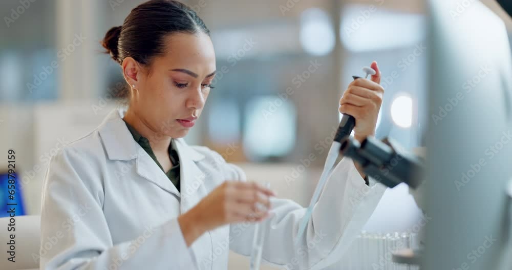 Science, results and woman with pipette, test tube and microscope for biotech solution in laboratory. Medical research, scientist or lab technician in study for healthcare, medicine or vaccine exam.