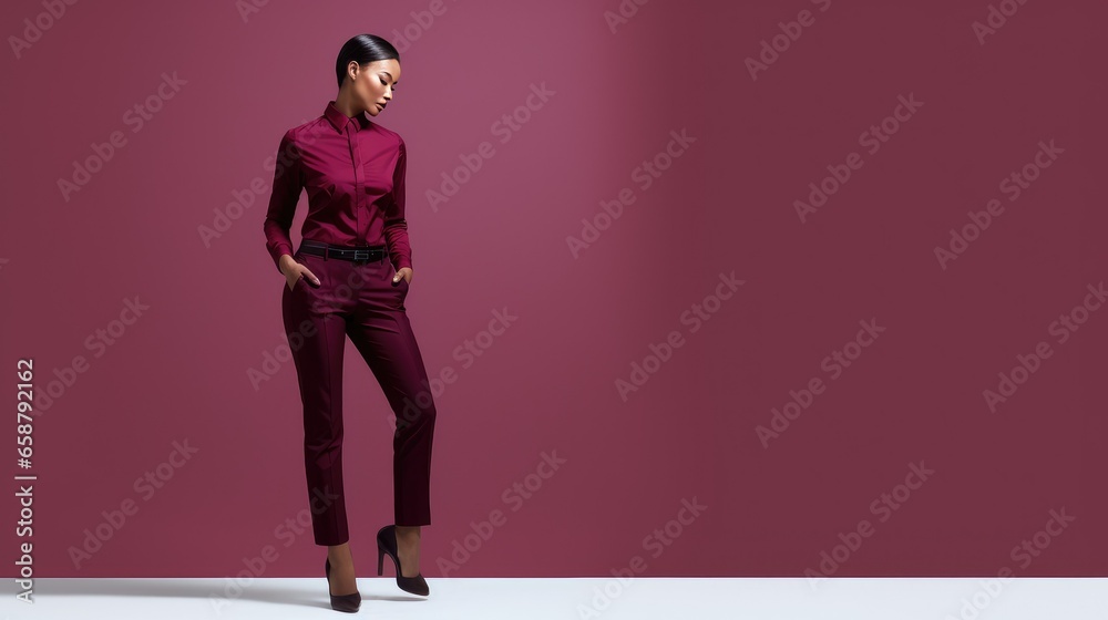 Obraz premium Fashionable model in a chic, monochromatic outfit. Deep burgundy color scheme matches the simple background. Stylish, elegant, and confident, she embodies modern sophistication. A bold fashion statem