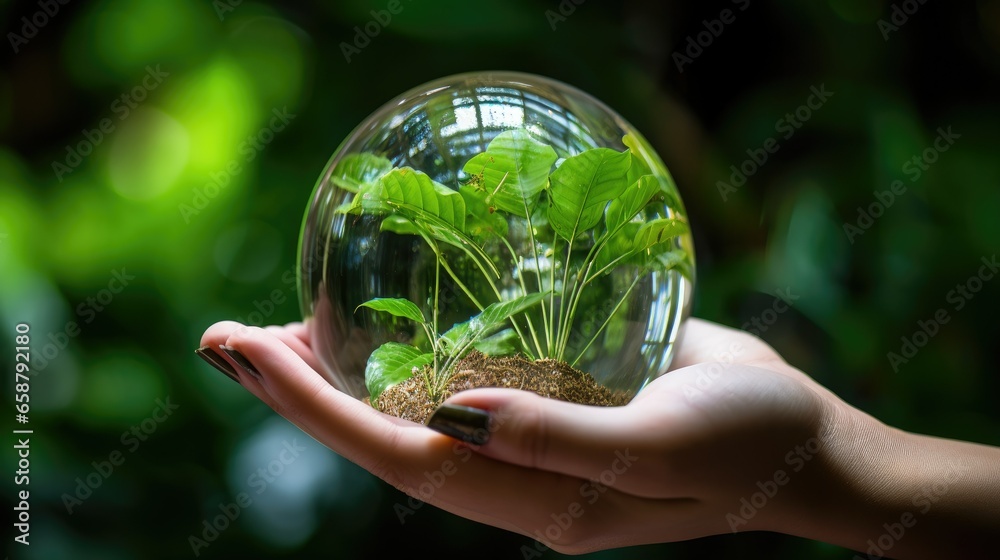 A crystal clear ball rests in nurturing hands, reflecting light on a minimalistic background. A symbol of green development and environmental care