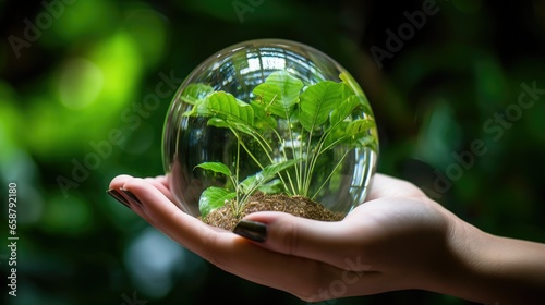 A crystal clear ball rests in nurturing hands, reflecting light on a minimalistic background. A symbol of green development and environmental care