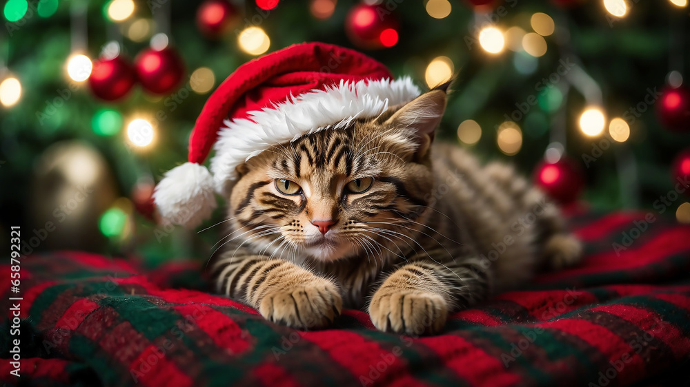 cat in santa hat, festive, in front of christmas tree, bokeh lights in the background, beautiful christmas theme