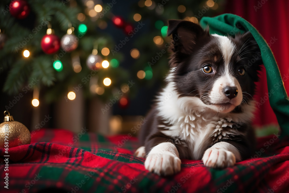 dog in santa hat, festive, in front of christmas tree, bokeh lights in the background, beautiful christmas theme