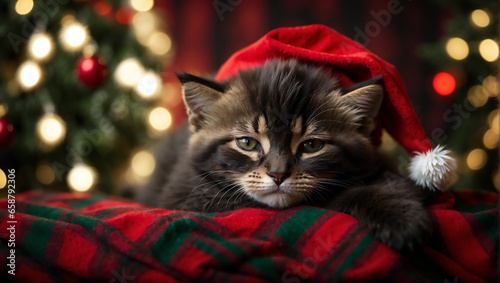 cat in santa hat, festive, in front of christmas tree, bokeh lights in the background, beautiful christmas theme