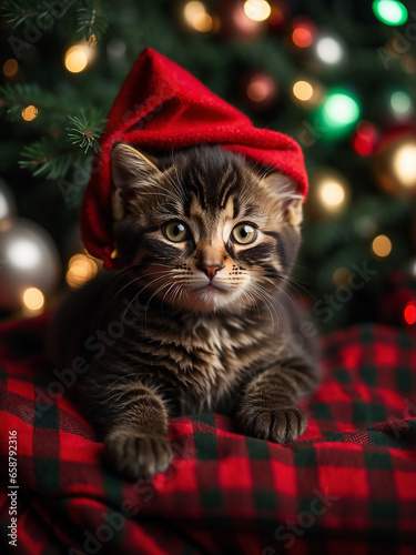 cat in santa hat, festive, in front of christmas tree, bokeh lights in the background, beautiful christmas theme