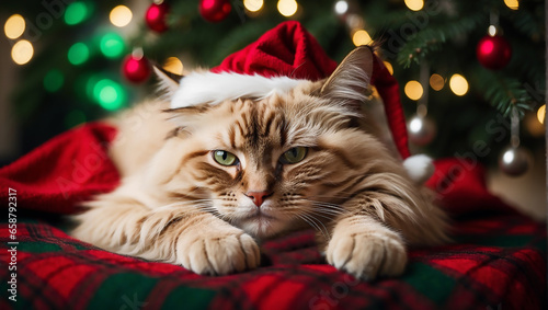 cat in santa hat, festive, in front of christmas tree, bokeh lights in the background, beautiful christmas theme