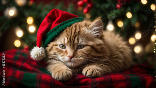 cat in santa hat, festive, in front of christmas tree, bokeh lights in the background, beautiful christmas theme