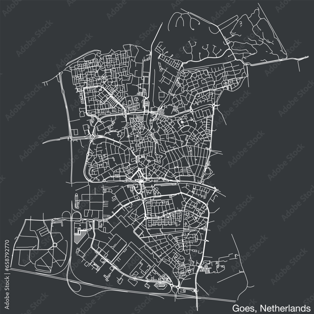 Detailed hand-drawn navigational urban street roads map of the Dutch city of GOES, NETHERLANDS with solid road lines and name tag on vintage background