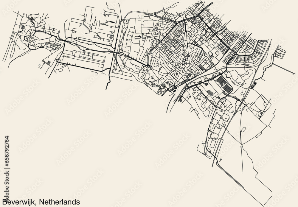 Detailed hand-drawn navigational urban street roads map of the Dutch city of BEVERWIJK, NETHERLANDS with solid road lines and name tag on vintage background