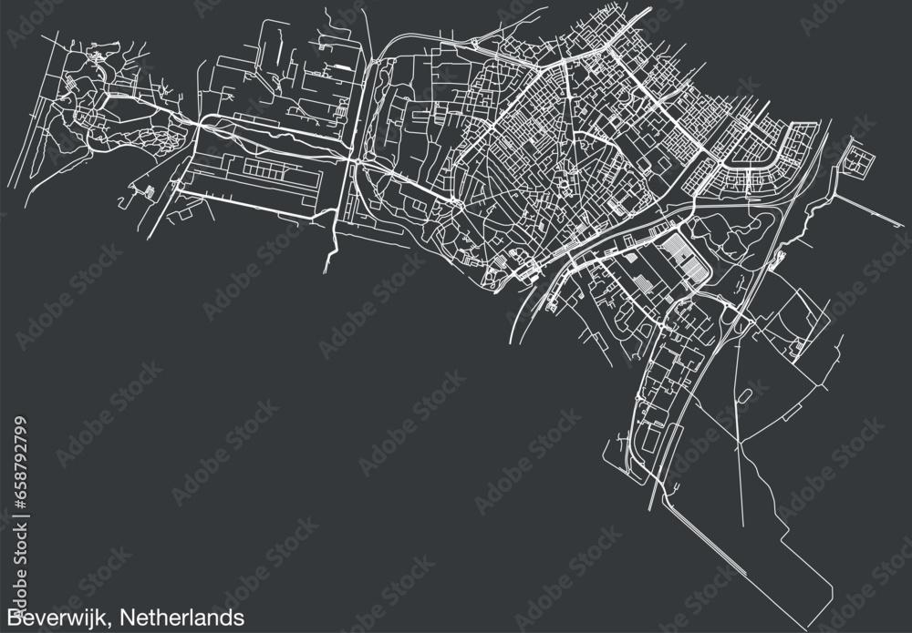 Detailed hand-drawn navigational urban street roads map of the Dutch city of BEVERWIJK, NETHERLANDS with solid road lines and name tag on vintage background
