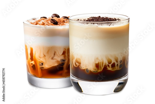 Set of White Russian cocktails featuring layers of cream, coffee liqueur and vodka