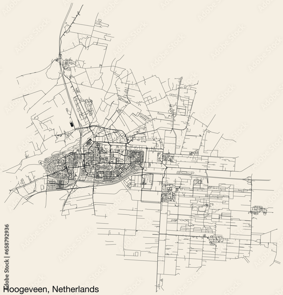 Detailed hand-drawn navigational urban street roads map of the Dutch city of HOOGEVEEN, NETHERLANDS with solid road lines and name tag on vintage background